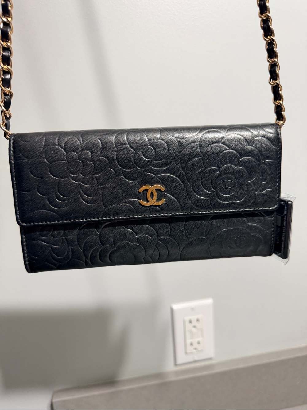 CHANEL Black Camellia Embossed Leather Chain Crossbody